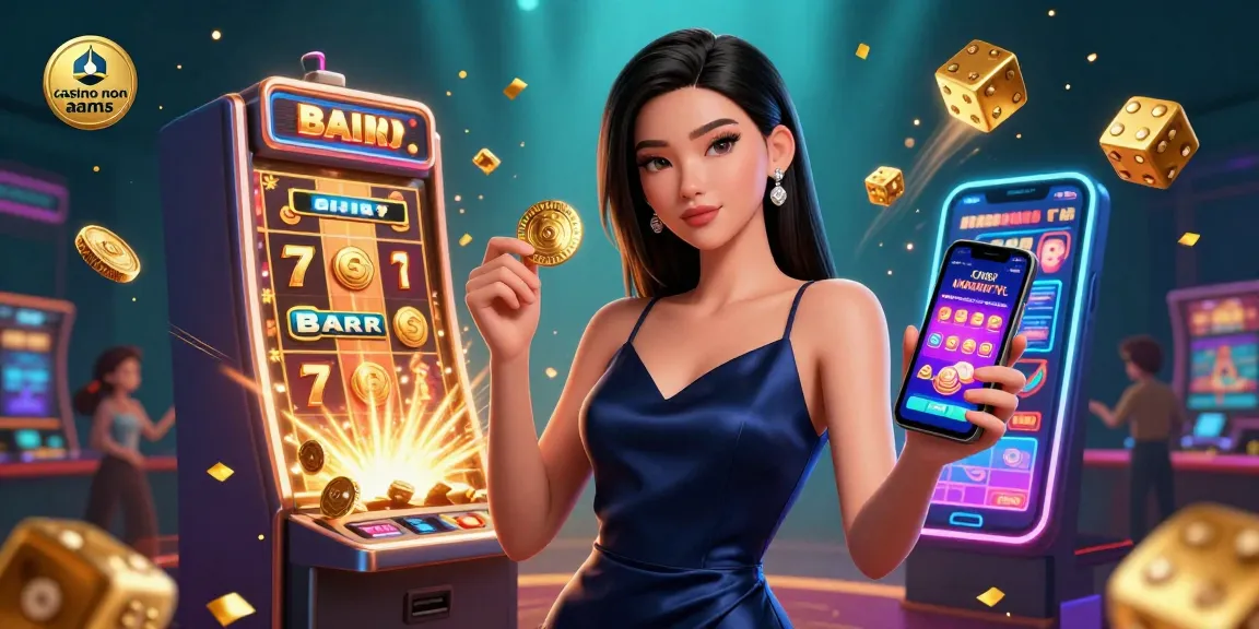 Vivi l'emozione del casino non aams con una splendida donna asiatica che tiene in mano una chip dorata e uno smartphone, circondata da monete jackpot e elementi di gioco vibranti.