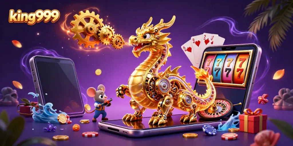 Visualisasi menarik king999 dengan naga emas, permainan slot, dan elemen kasino.