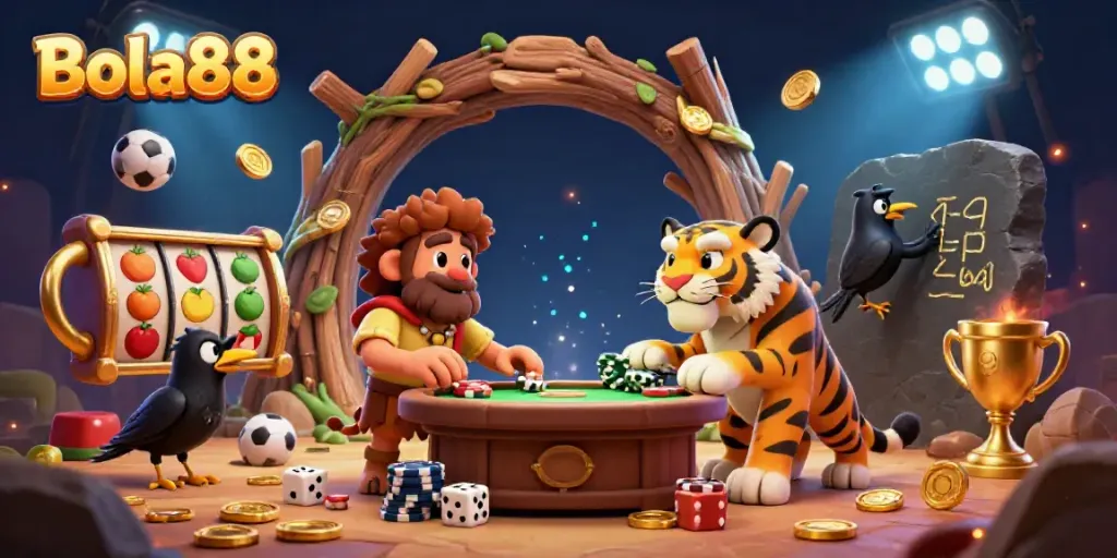 Bola88 highlights the lively prehistoric casino with vibrant gaming elements and engaging characters.