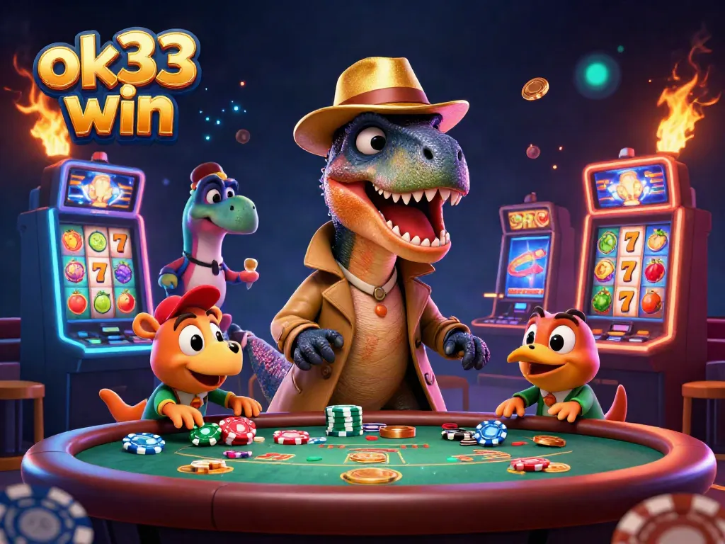 Experience ok33 win with vibrant 3D casino illustration featuring unique characters at an exciting table game.