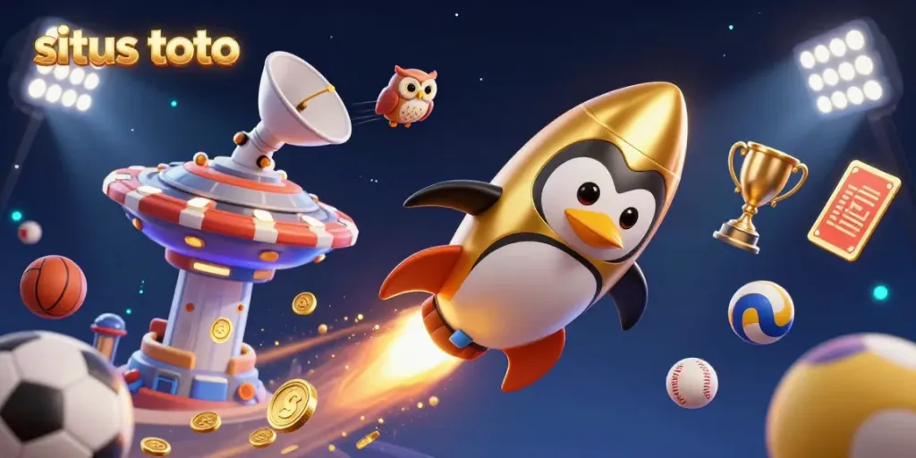 Bet on the exciting situs toto scene with a golden penguin and dynamic sports elements in space.