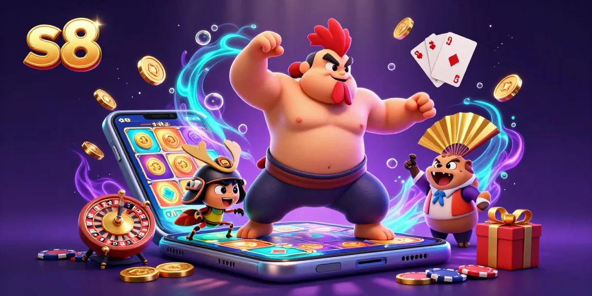Engage with vibrant s8 slot gaming experience as a powerful sumo rooster and cricket face off amidst dynamic reels and golden coins.