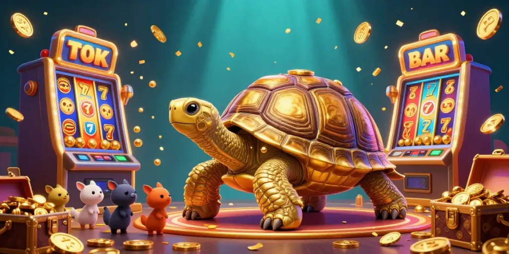 Slot depo 10k dengan mesin slot emas dan hewan kecil siap bermain, suasana kasino yang meriah.
