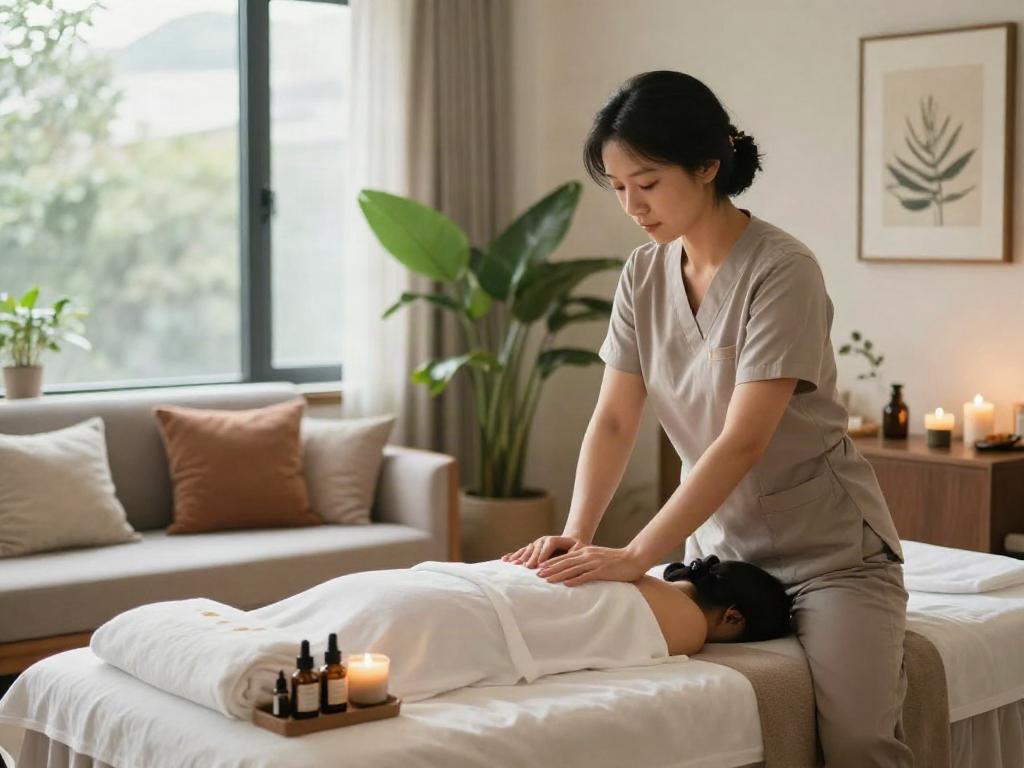 Serene urban wellness scene showcasing 서울후불출장 therapist preparing relaxing massage environment in upscale apartment.