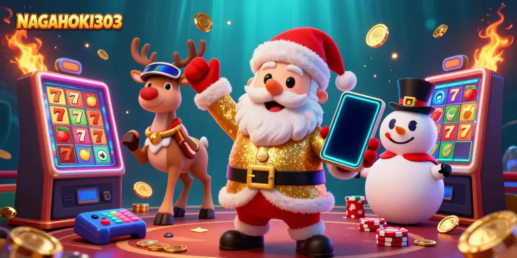NAGAHOKI303 brings animated gaming vibes with Santa and friends in a lively casino scene.