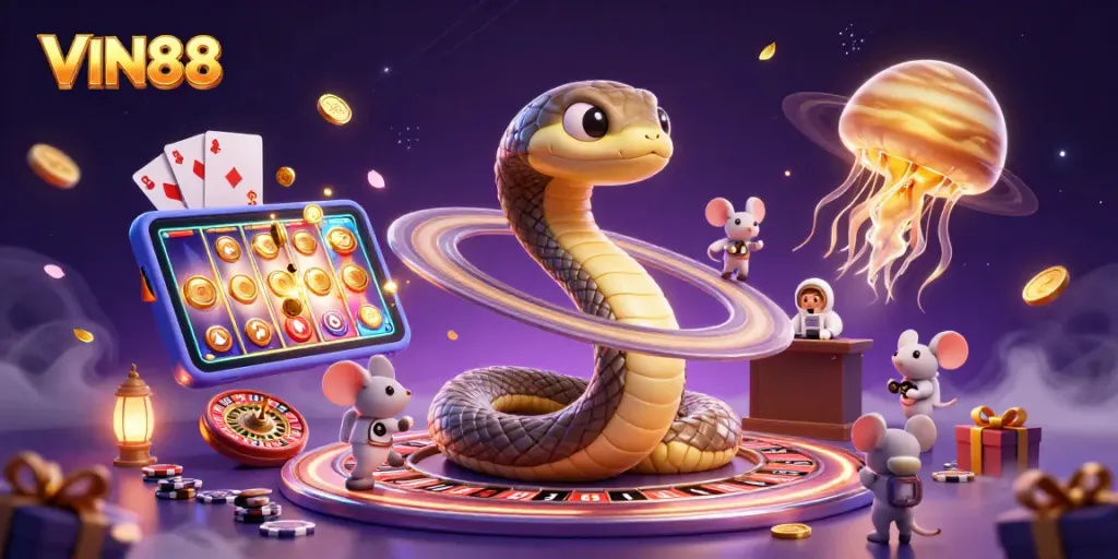 Bet on the cosmic roulette with VIN88, featuring a Saturn ring snake, astronaut mice, and a golden jellyfish in a vibrant casino scene.