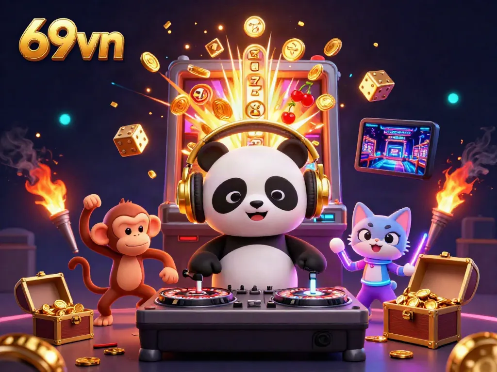 Spin to win at 69vn with vibrant characters and jackpot excitement in a dynamic casino scene.