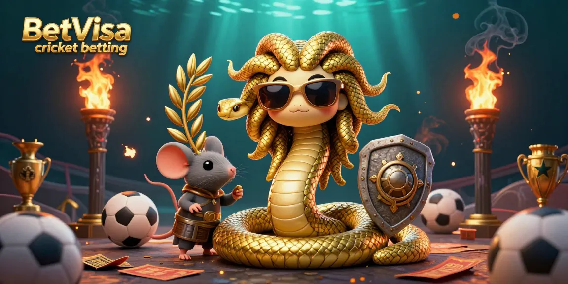 Engage in BetVisa cricket betting with vibrant sports-themed 3D illustration featuring Medusa and a warrior mouse.