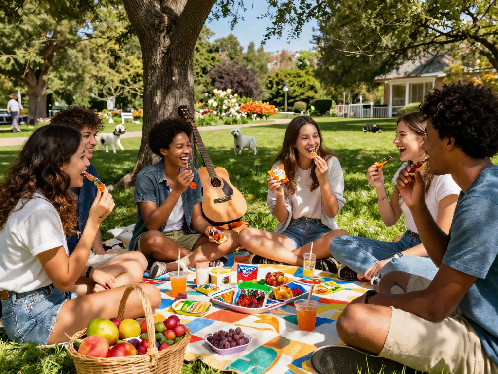 Friends sharing Camino gummies in a sunny park picnic, enjoying snacks and laughter.