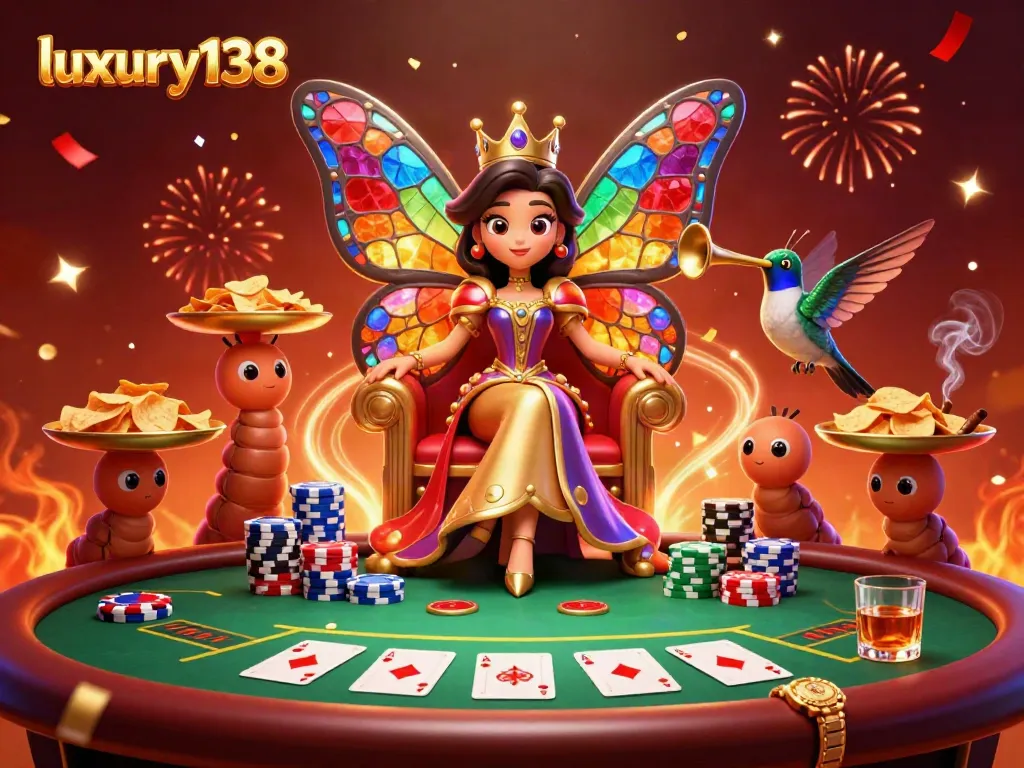 Experience the excitement and luxury138 at an extravagant poker scene with vibrant characters and casino elements.