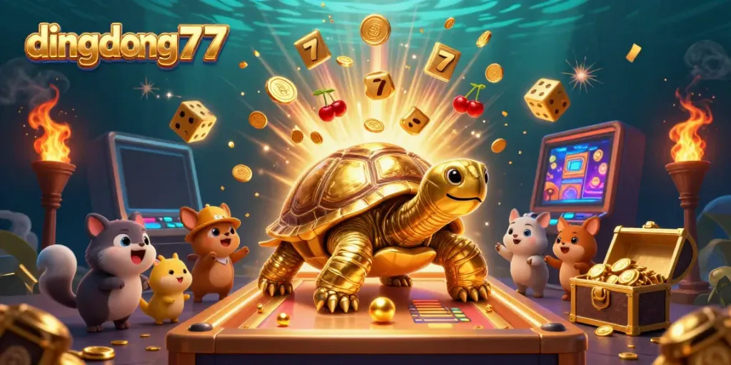 Engage in thrilling gameplay with dingdong77's vibrant casino scene featuring an interactive golden tortoise and jackpot slot machines.