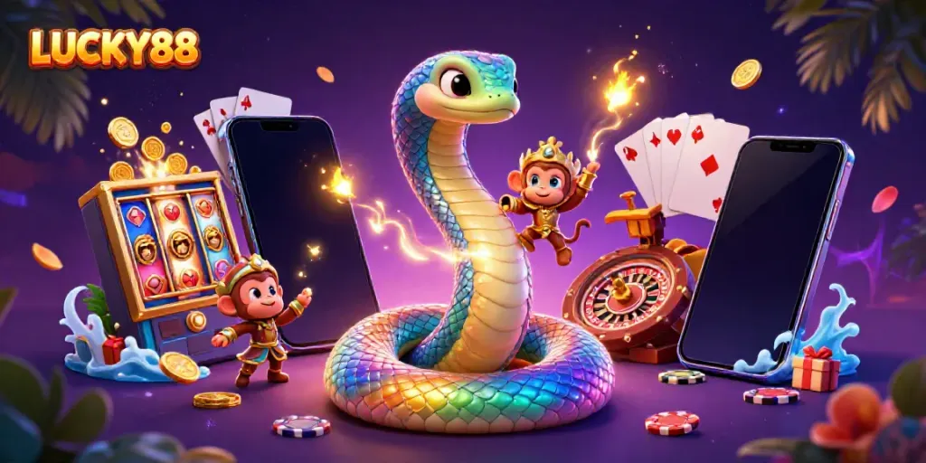 Experience the thrill of LUCKY88 with colorful slot games, golden coins, and magical scenes.