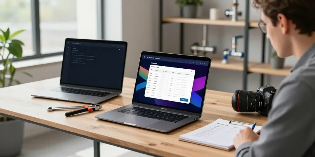 Plumbing Business Software in action with a project manager analyzing job schedules and client details in a modern workspace.