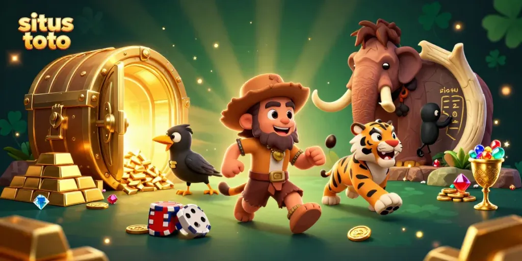 Experience the excitement of situs toto with a prehistoric casino scene featuring cavemen and treasure elements.