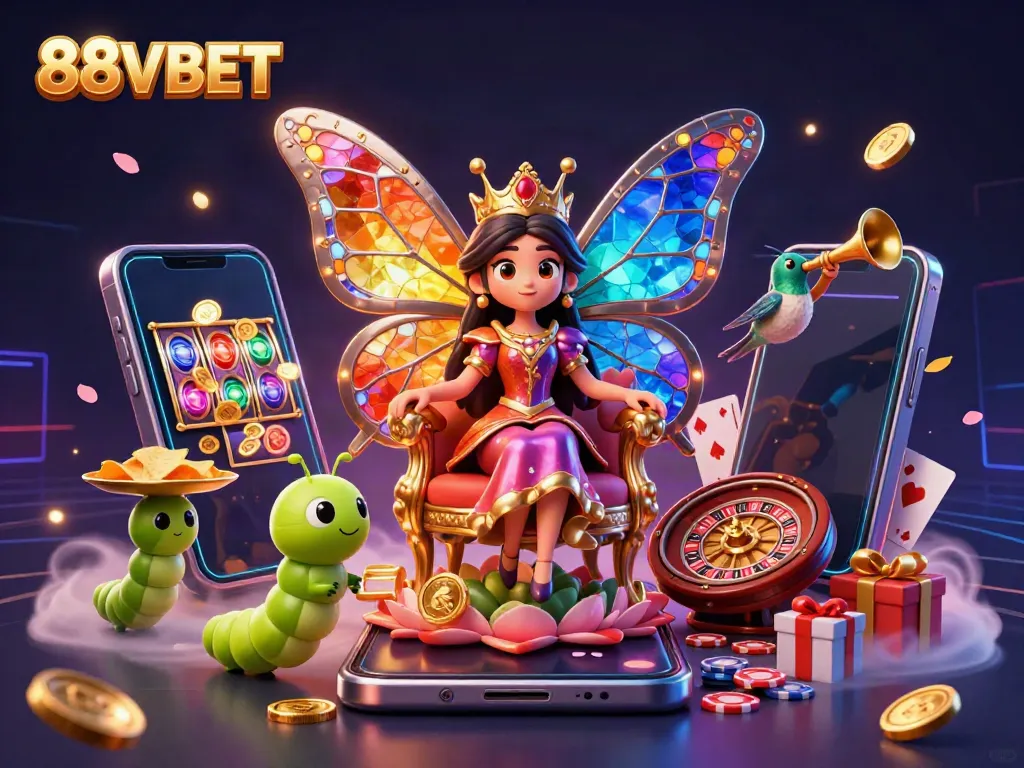 Engage with the colorful world of 88VBET featuring a butterfly queen amidst vibrant casino games.