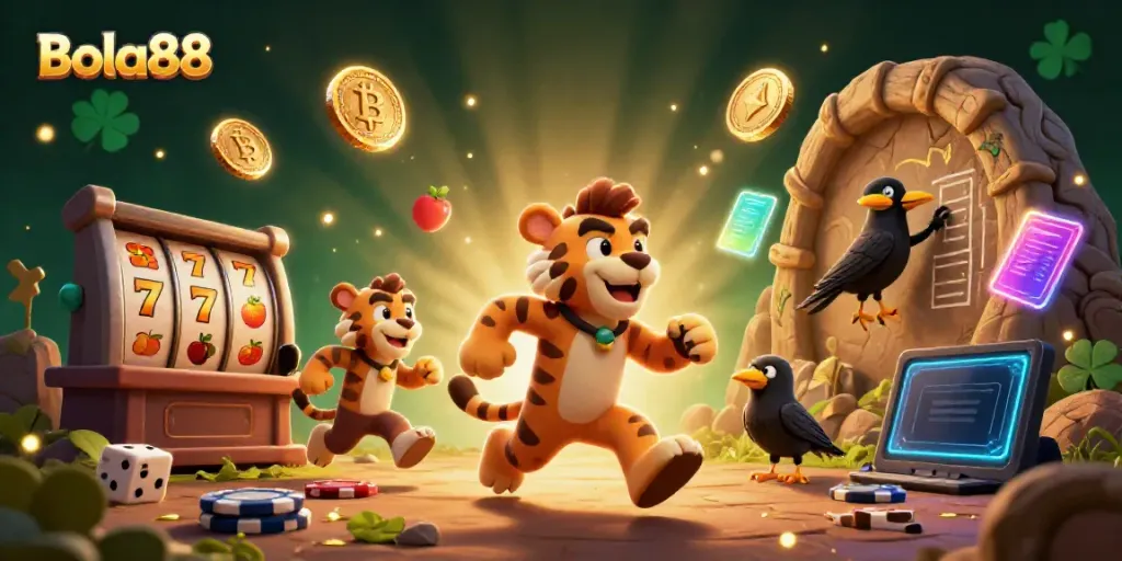 Bola88 features a dynamic prehistoric casino scene with a caveman and sabertooth tiger, showcasing slot machines.