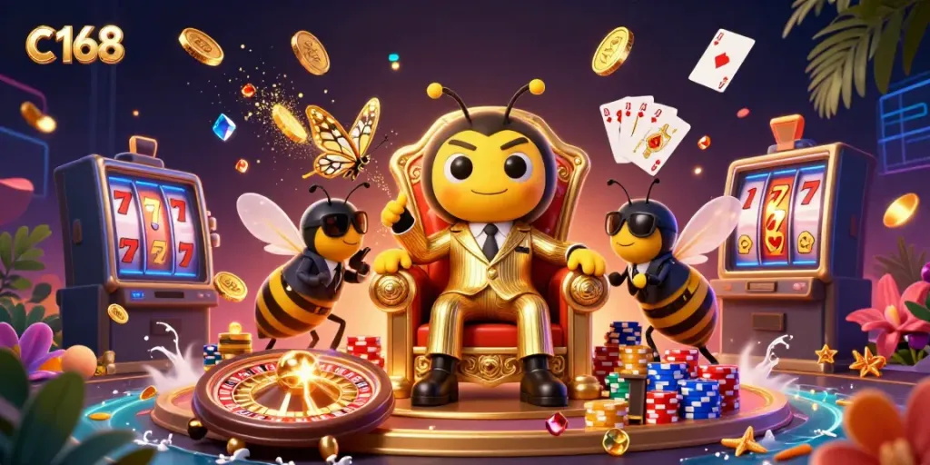 C 168 showcases a vibrant casino scene where a mob boss bee oversees cascading coins and spinning roulette