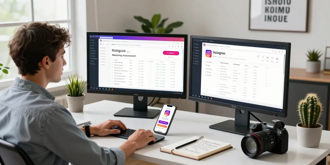 Dynamic workspace featuring Instagram phone automation dashboard and analytics tools.