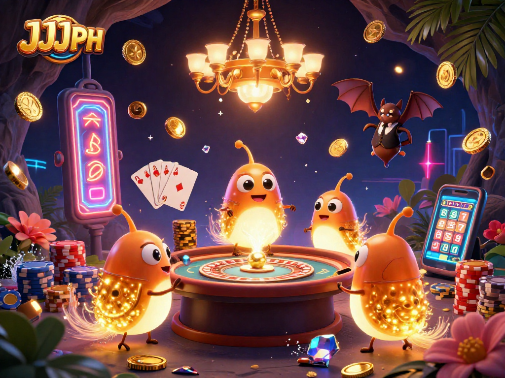 Experience JJJPH's vibrant casino vibes with glowworms lighting a fun-filled gaming scene.