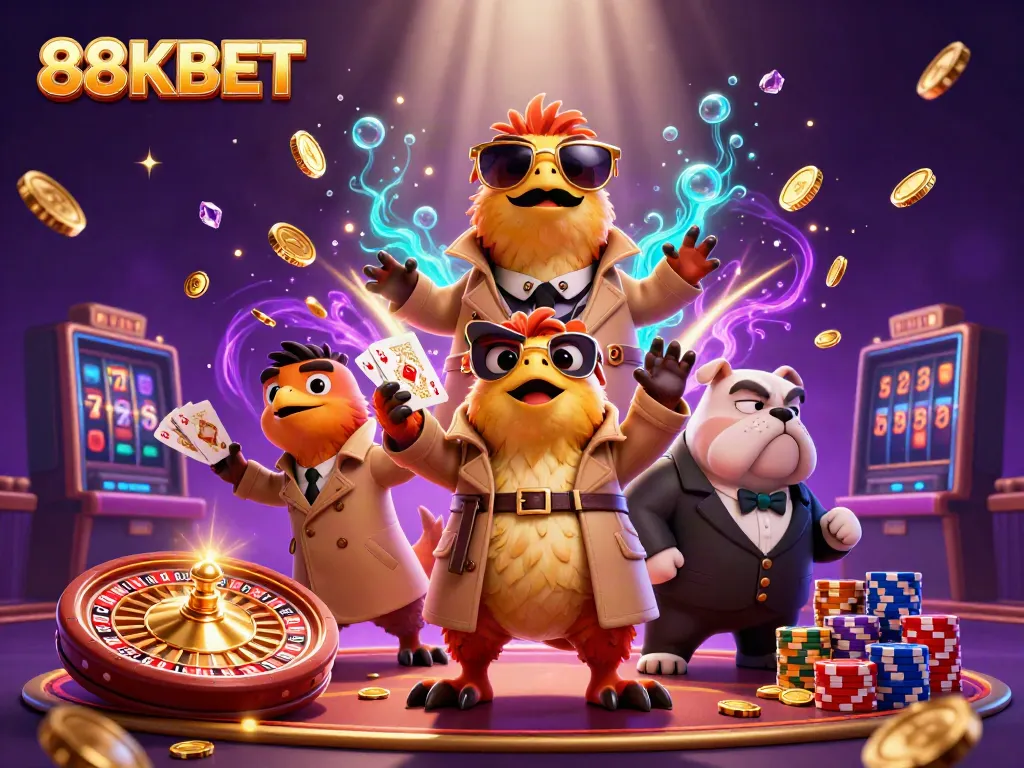 Experience thrilling gameplay at 88KBET with colorful coins and poker elements swirling around in a dynamic casino scene.