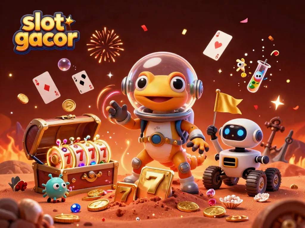 Experience exciting slot gacor adventures with a Martian gecko amidst a vibrant casino scene.