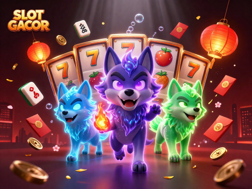 SLOT GACOR shows a vibrant 3D scene with iconic slot elements and ethereal wolf guardians engaged in an exciting gaming atmosphere.