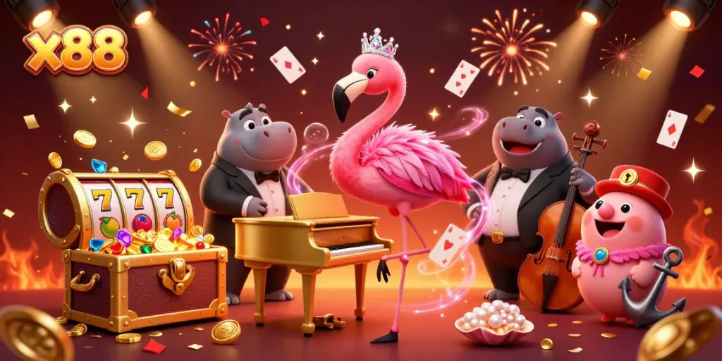 Engage with x88's lively casino scene featuring vibrant characters, games, and gold coins.