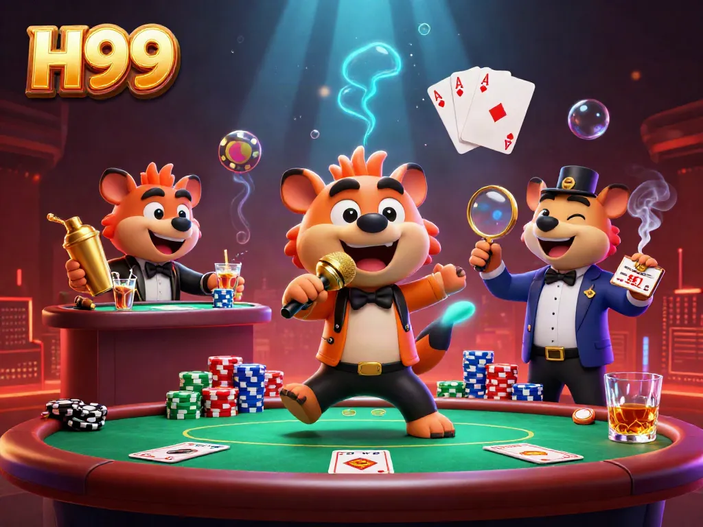 H99 showcases lively casino characters creating an energetic atmosphere around a poker table.
