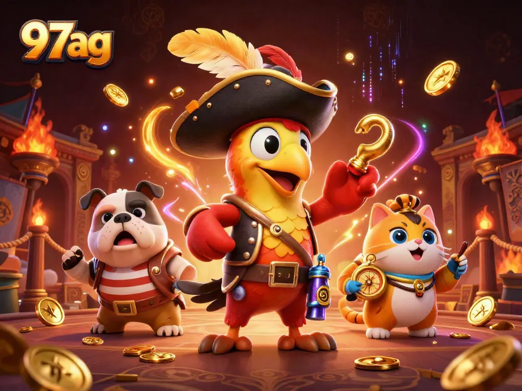Engage in thrilling adventure with 97ag as the cartoon pirate captain commands the crew amidst coins and fiery effects.