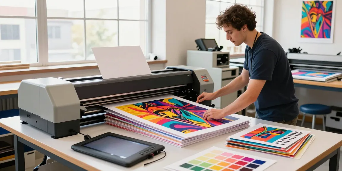 Technician operating poster printer machines in a vibrant print shop environment.