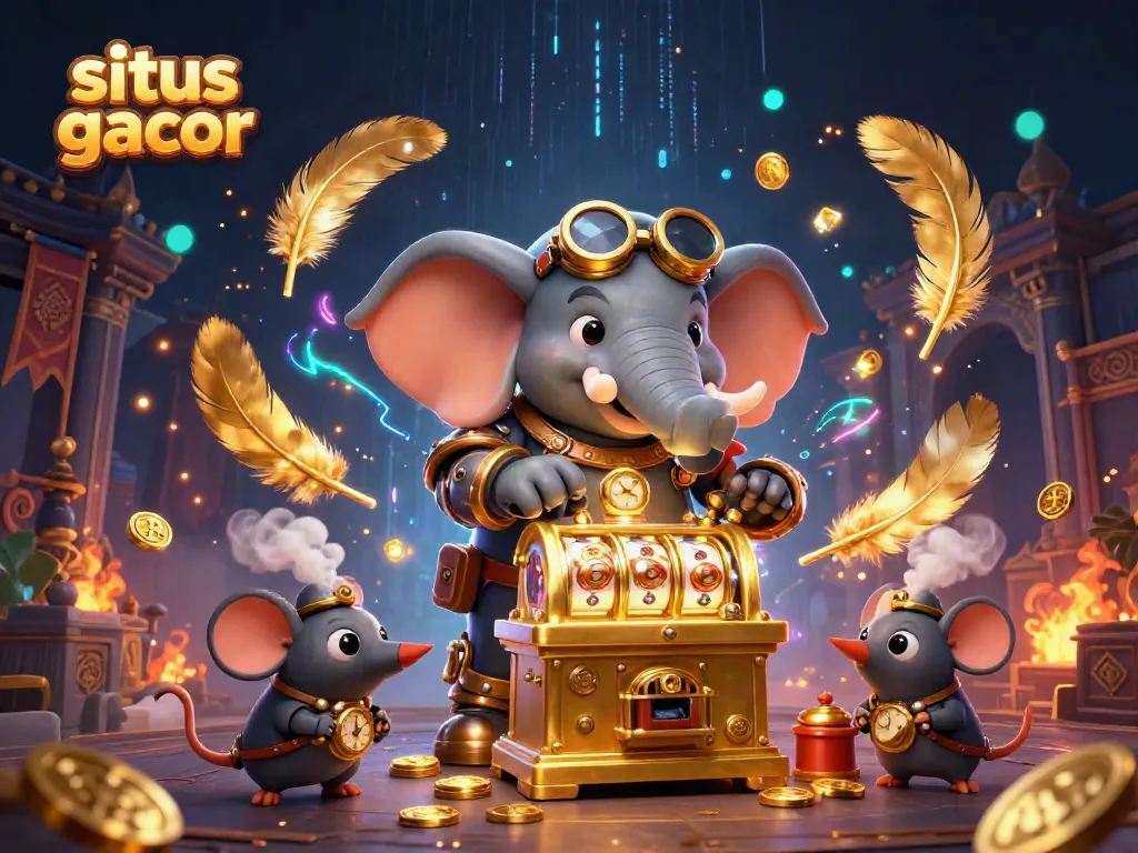 Experience the excitement of situs slot gacor with a 3D cartoon elephant engineer and golden slot machine in action.