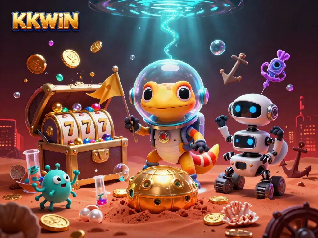 KKWIN casino experience with Martian gecko discovering riches in a vibrant, dynamic scene.