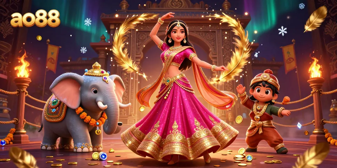 Engaging scene showcasing ao88 with a beautiful Asian woman and a bejeweled elephant amidst casino treasures.