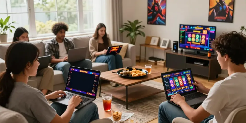 Friends enjoying slot gacor games together on laptops in a cozy living room.