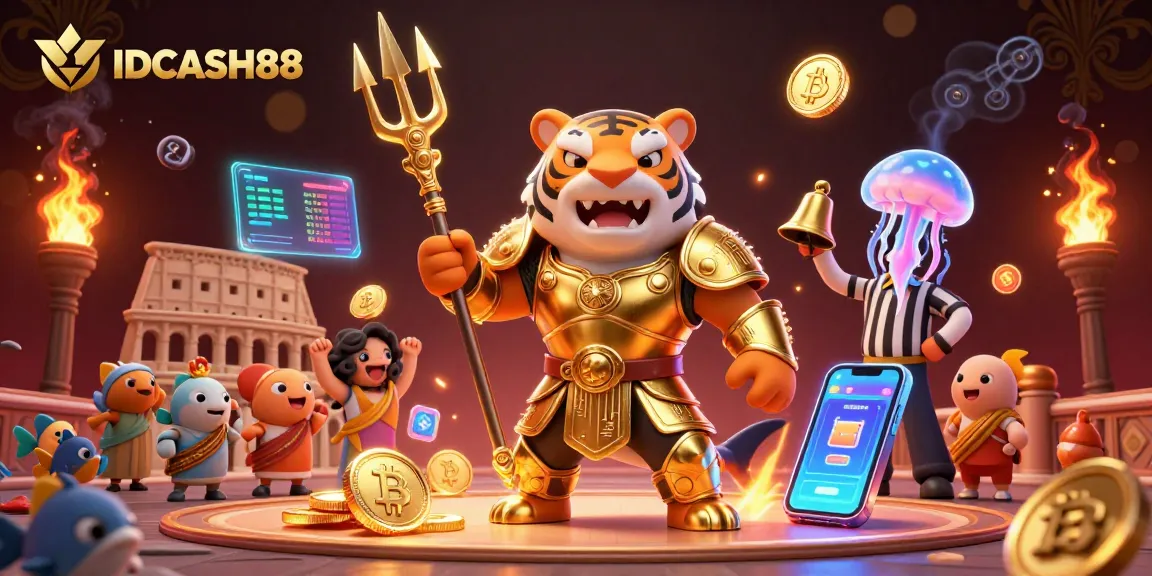 Experience the thrilling world of IDCASH88 with a vibrant underwater casino scene filled with 3D characters and digital currency elements.
