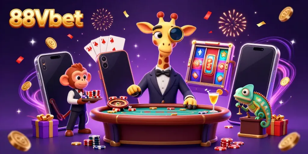 Engage in the excitement of 88Vbet with colorful games, a high-roller giraffe, a valet monkey, and a chameleon bartender