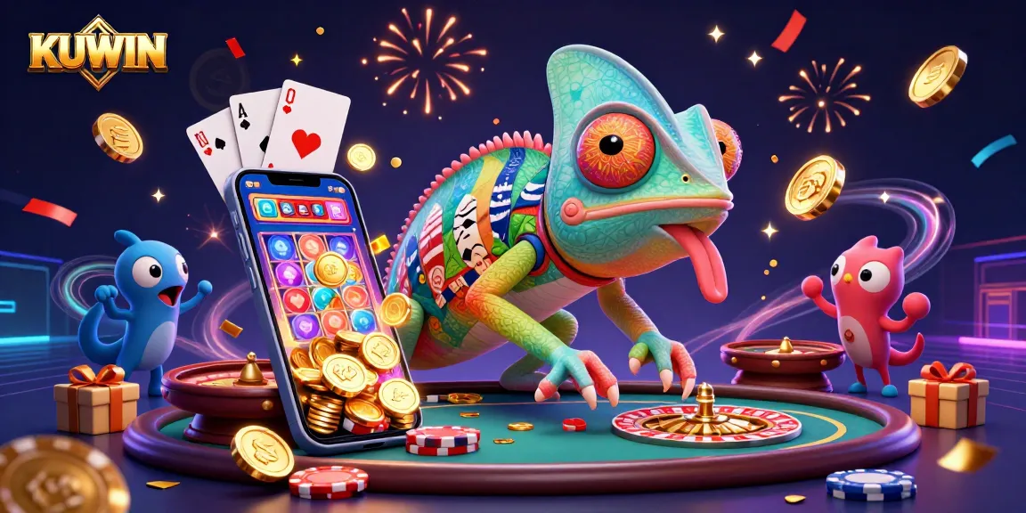Engage in thrilling casino games with KUWIN's vibrant 3D visual featuring a lively chameleon casino owner.