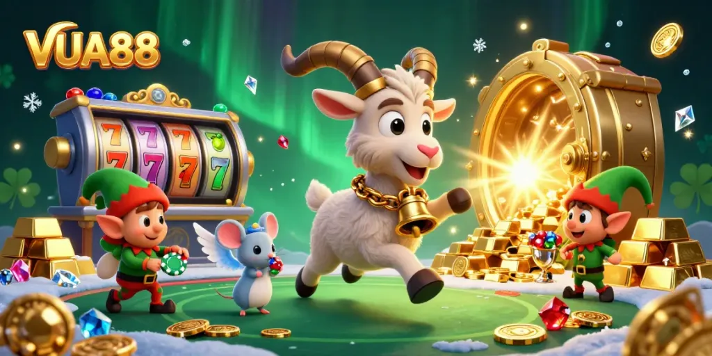 Experience excitement in VUA88's casino scene with Krampus and mischievous gremlins stealing poker chips.