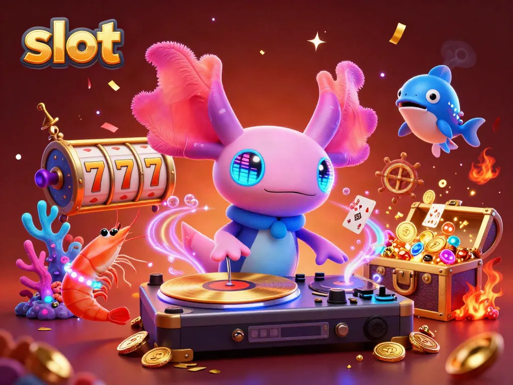 Engage with vibrant slot action through a neon-themed underwater casino scene featuring a DJ axolotl and lively sea characters.