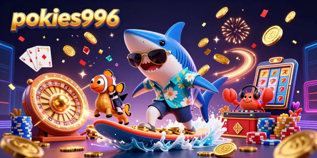 Experience the excitement of pokies996 with a vibrant scene featuring a shark and casino elements.