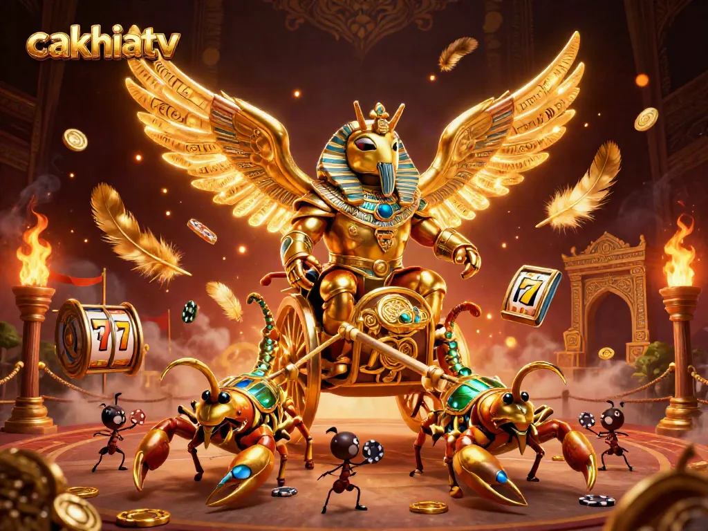 Cakhiatv showcases a vibrant gambling scene with a golden scarab beetle and dynamic casino elements.