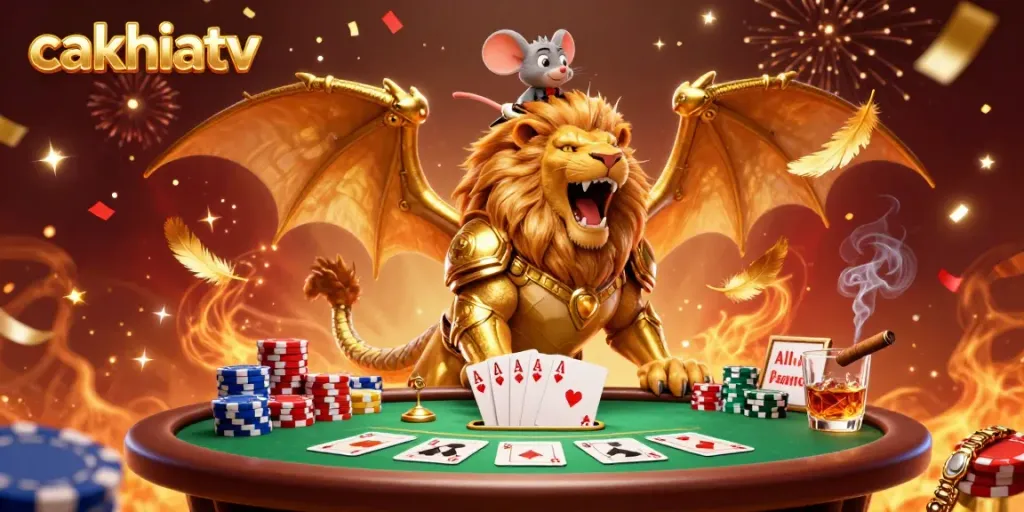 Experience thrilling moments at cakhiatv with a triumphant chimera, rich casino elements, and festive energy.