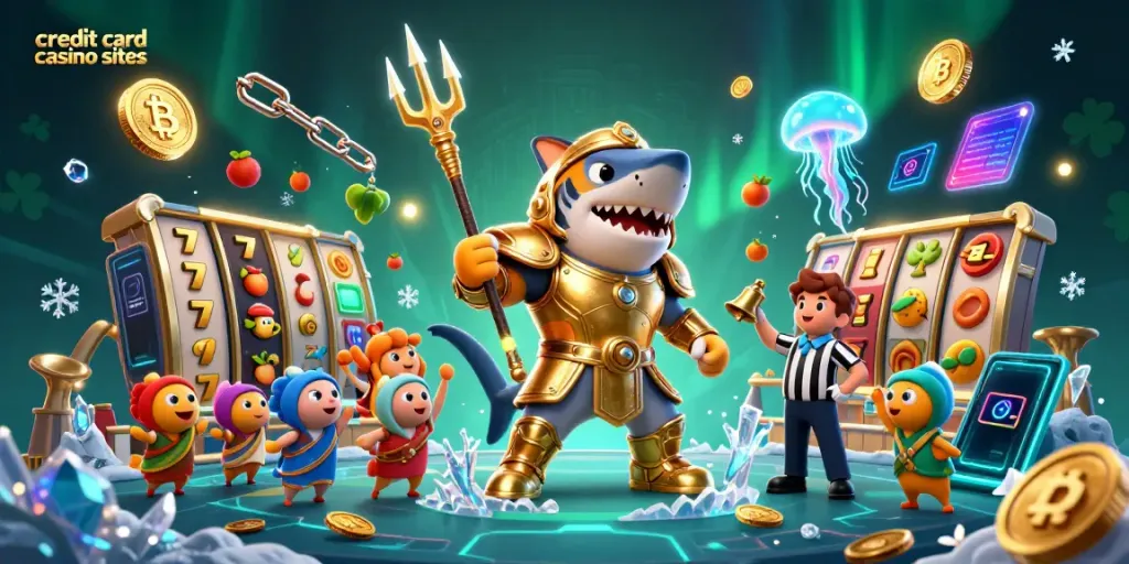 Engage with top credit card casino sites illustrated by a fierce shark in gladiator armor amid a vibrant underwater scene.