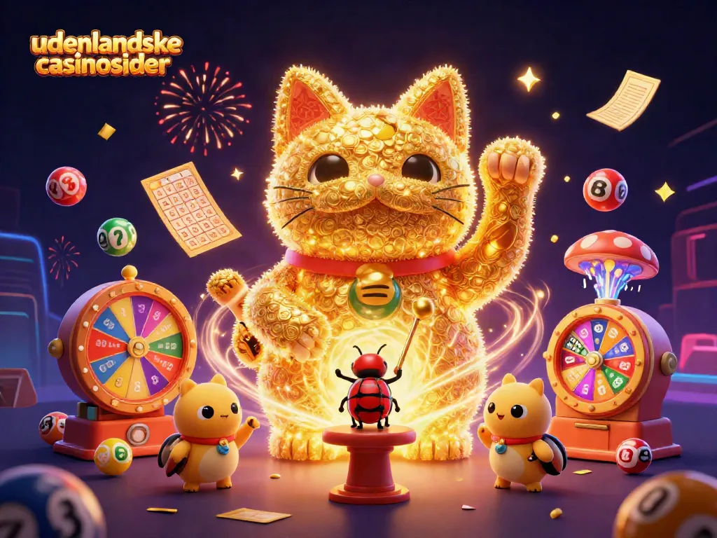 Engage with udenlandske casino sider as a giant lucky cat entertains with colorful lottery elements.