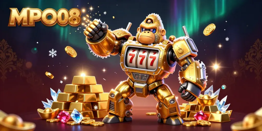 Engage in thrilling gameplay with MPO08's golden gorilla mech and gem-filled treasures.