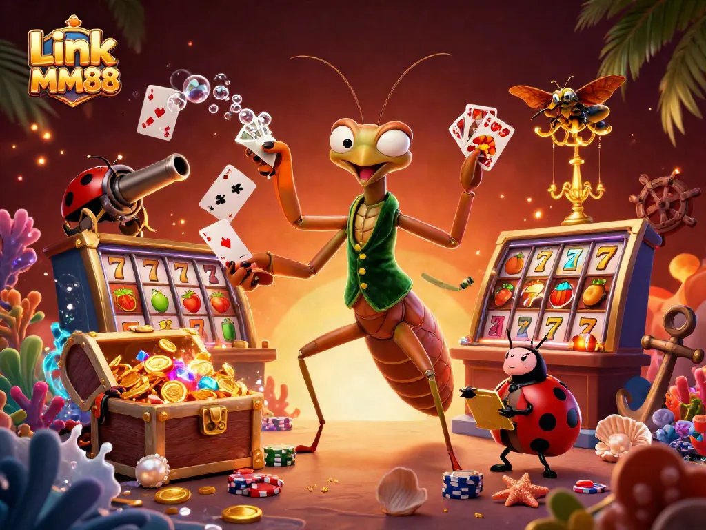Experience excitement with Link MM88 in a vibrant casino illustration showing energetic gameplay.