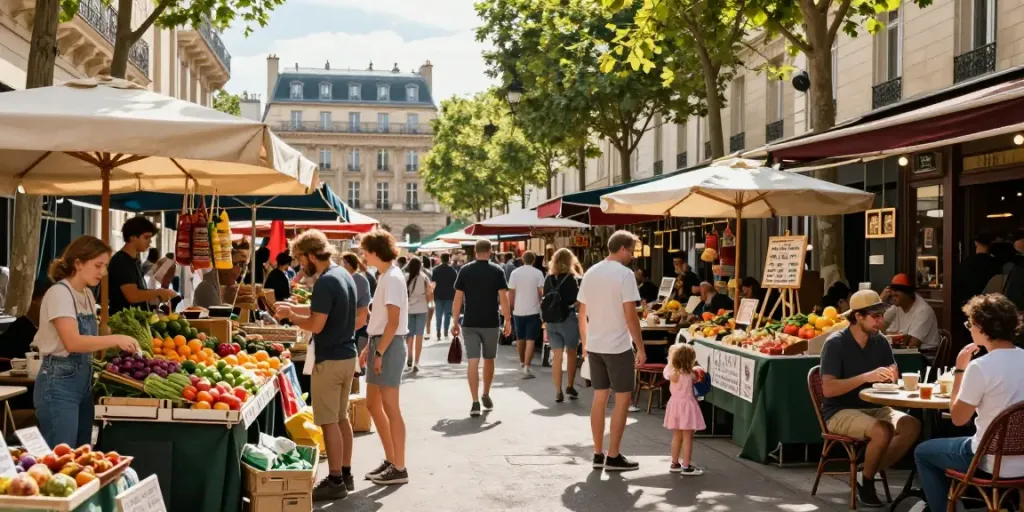Pasar jalanan Paris yang ramai dengan aktivitas, menampilkan paristoto dan kesenangan budaya.