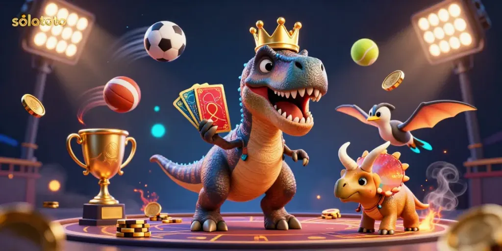 Ilustrasi 3D solototo yang menggambarkan T-Rex bermain kartu dengan pterosaurus dan triceratops di kasino.