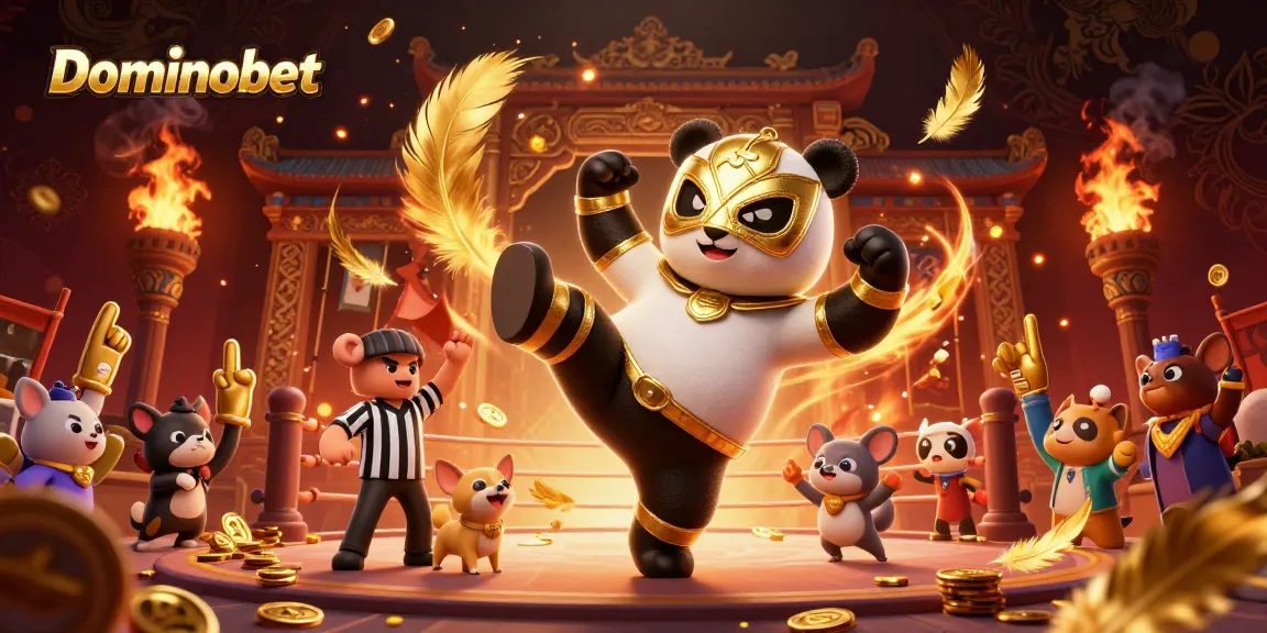 Dominobet showcases thrilling online gaming action with a 3D cartoon panda wrestler and chihuahua referee.