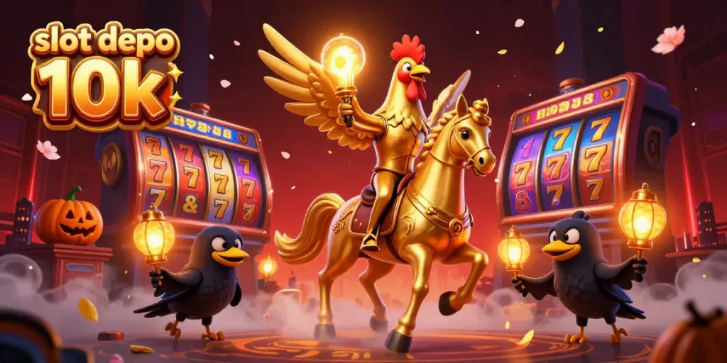 Slot depo 10k menampilkan ayam jantan emas berkendara di kasino malam dengan atmosfer berjenjang.
